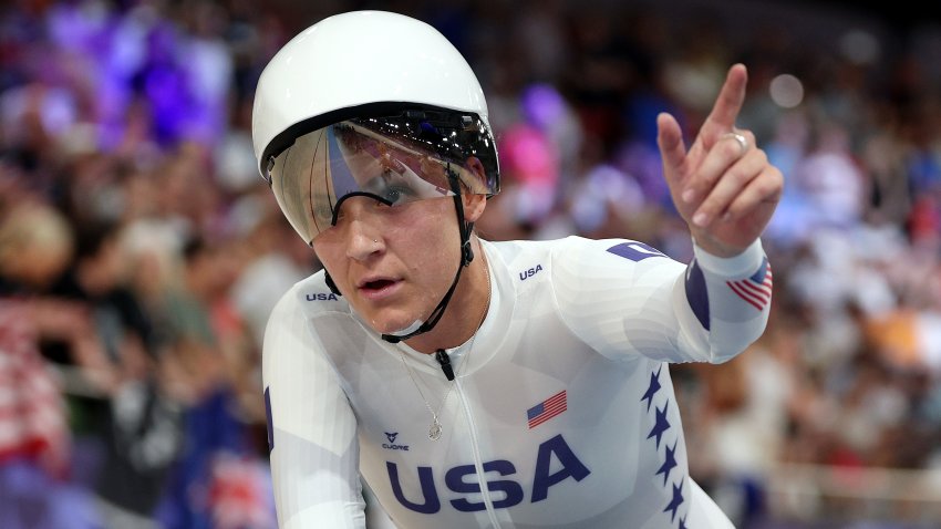 PARIS, FRANCE – AUGUST 07: Gold medalist Chloe Dygert of Team United States celebrates after the Women’s Team Pursuit Finals on day twelve of the Olympic Games Paris 2024 at Saint-Quentin-en-Yvelines Velodrome on August 07, 2024 in Paris, France. (Photo by Jared C. Tilton/Getty Images)