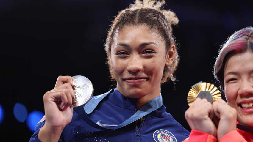 PARIS, FRANCE – AUGUST 11: Silver Medalist Kennedy Alexis Blades of Team United States poses with their medal after the Wrestling Women’s Freestyle 76kg medal ceremony on day sixteen of the Olympic Games Paris 2024 at Champs-de-Mars Arena on August 11, 2024 in Paris, France. (Photo by Kadir Caliskan – United World Wrestling/Getty Images)