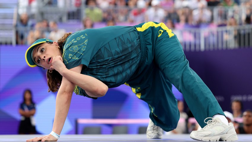 PARIS, FRANCE – AUGUST 09: B-Girl Raygun of Team Australia
competes during the B-Girls Round Robin – Group B on day fourteen of the Olympic Games Paris 2024 at Place de la Concorde on August 09, 2024 in Paris, France. (Photo by Elsa/Getty Images)