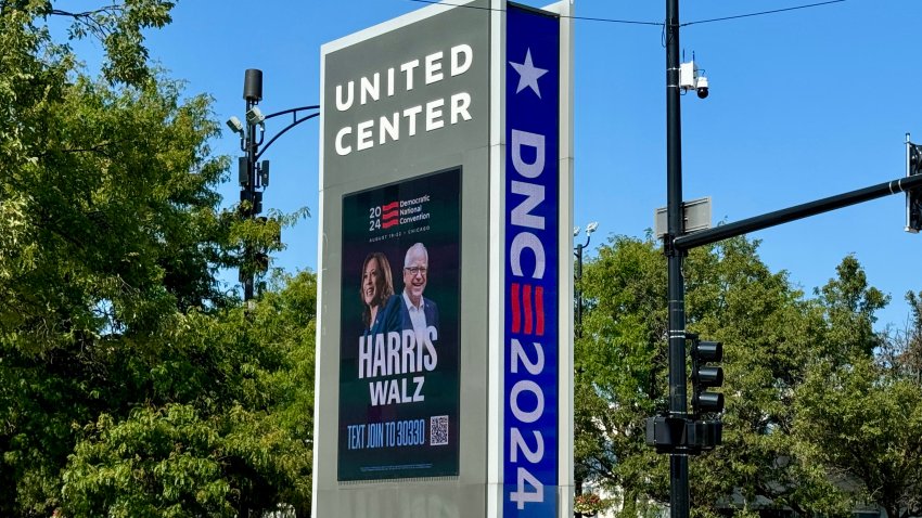 A Harris-Walz DNC sign is seen by the United center in Chicago, Illinois, on August 13, 2024, prior to the Democratic National Convention. 2024 Democratic National Convention will be held from August 19 to August 22 in Chicago. (Photo by Daniel SLIM / AFP) (Photo by DANIEL SLIM/AFP via Getty Images)