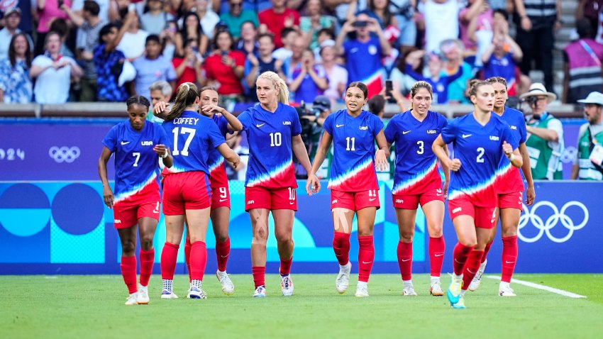 Mallory Swanson of United States celebrates a goal with teammates during Women's Gold Medal Match of the Football between Brazil and United States on Parc des Princes during the Paris 2024 Olympics Games on August 10, 2024 in Paris, France. (