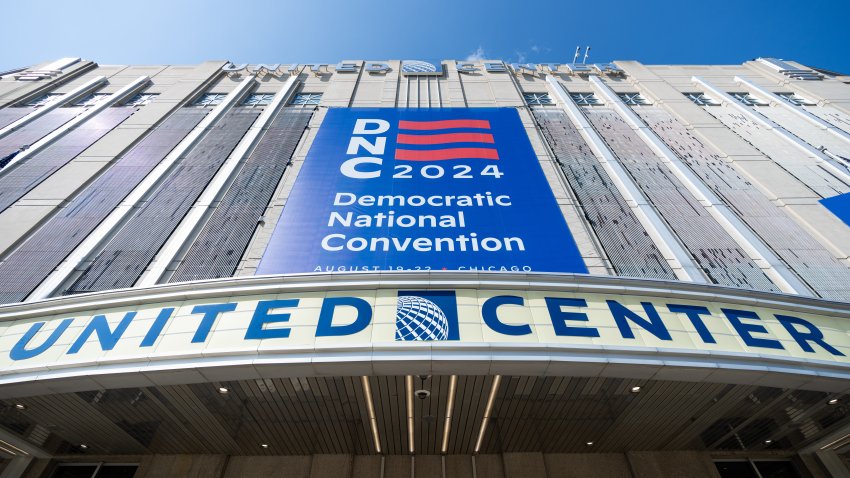 WASHINGTON – AUGUST 19: The DNC 2024 banner hangs in front of the United Center before the start of the 2024 Democratic National Convention in Chicago on Monday, August 19, 2024. (Bill Clark/CQ-Roll Call, Inc via Getty Images)