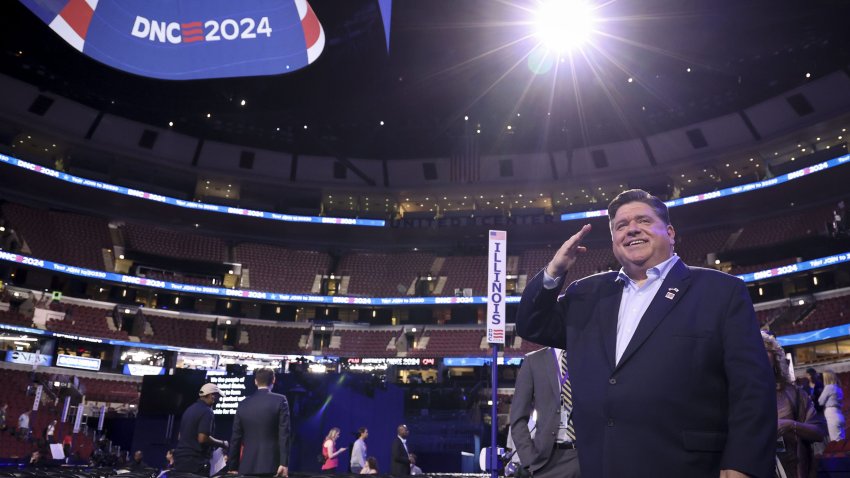 Gov. JB Pritzker visits the convention floor on Aug. 18, 2024, before the Democratic National Convention at the United Center. (Brian Cassella/Chicago Tribune/Tribune News Service via Getty Images)