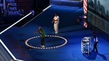 US rapper and actor Common (L) does a sound check on the second day of the Democratic National Convention (DNC) at the United Center in Chicago, Illinois, on August 20, 2024. Vice President Kamala Harris will formally accept the party's nomination for president at the DNC which runs from August 19-22 in Chicago. (Photo by Eva HAMBACH / AFP) (Photo by EVA HAMBACH/AFP via Getty Images)