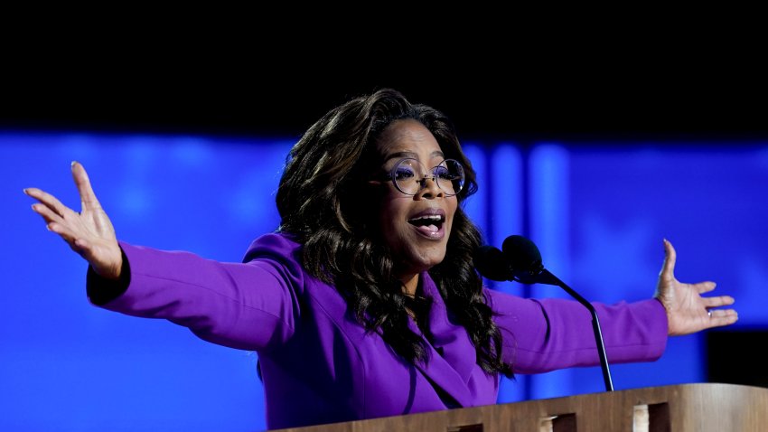 Oprah Winfrey, chief executive officer of Oprah Winfrey Network LLC, speaks during the Democratic National Convention (DNC) at the United Center in Chicago, Illinois, US, on Wednesday, Aug. 21, 2024. The Democratic National Convention this week marks the ceremonial crowning of Vice President Kamala Harris and Minnesota Governor Tim Walz as the party’s presidential nominees, capping off a whirlwind month for Democrats who quickly coalesced behind the new ticket after President Joe Biden dropped out of the race in July. Photographer: Al Drago/Bloomberg via Getty Images