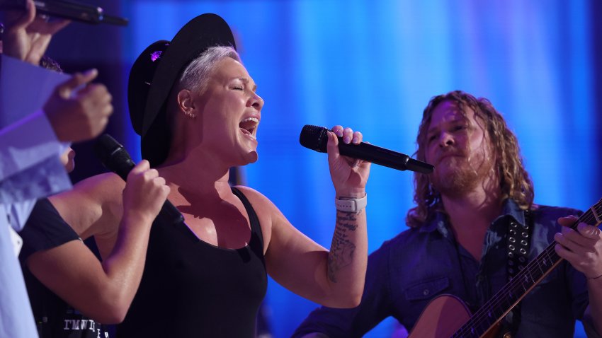 CHICAGO, ILLINOIS – AUGUST 22: Musician P!NK takes part in stage testing during the final day of the Democratic National Convention (DNC) at the United Center on August 22, 2024 in Chicago, Illinois. Delegates, politicians, and Democratic Party supporters are gathering in Chicago, as current Vice President Kamala Harris is named her party’s presidential nominee. The DNC takes place from August 19-22.  (Photo by Justin Sullivan/Getty Images)