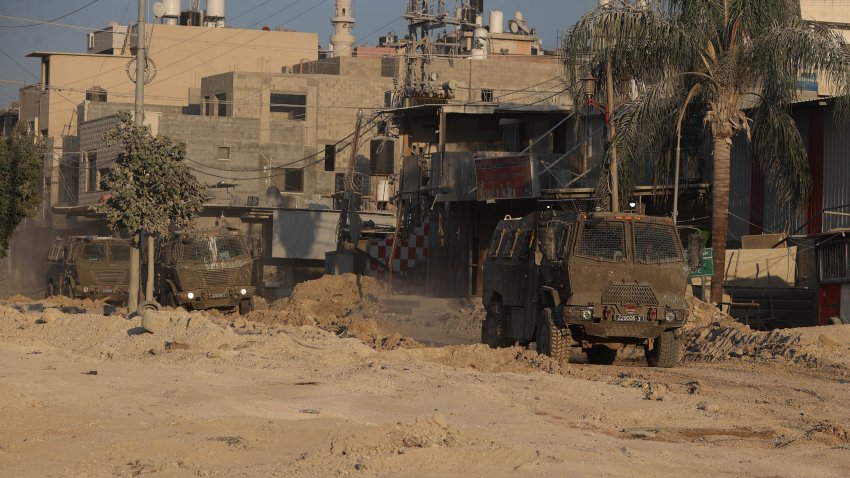 NUR SHAMS CAMP, WEST BANK – AUGUST 29: Israeli army patrols at the streets during raid on Nur Shams near the city of Tulkarm after launching a large-scale military offensive in the West Bank, on August 29, 2024. During the raid, the Israeli army demolished residential areas and destroyed the infrastructure with heavy duty machines and bulldozers.