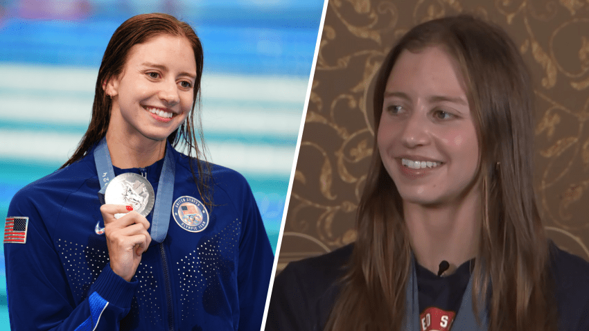 Side by side pictures of US Swimmer, Kate Douglass.