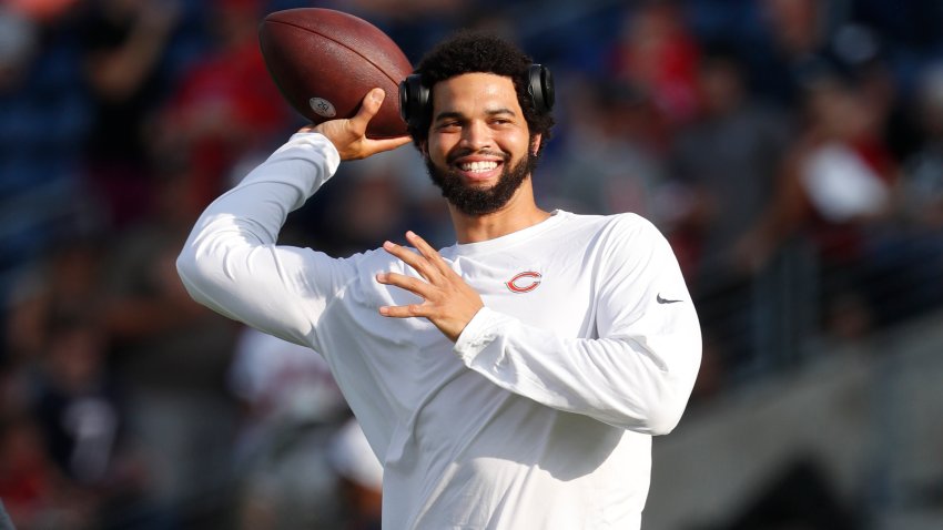 Aug 1, 2024; Canton, Ohio, USA;  Chicago Bears quarterback Caleb Williams (18) warms up before the game against the Houston Texans at Tom Benson Hall of Fame Stadium. Mandatory Credit: Charles LeClaire-USA TODAY Sports