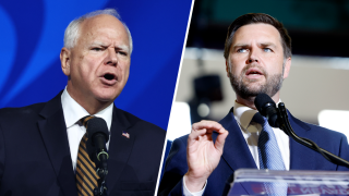 A split image. On the left side, vice presidential candidate Tim Walz; on the right side, vice presidential candidate JD Vance.