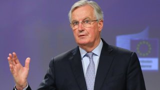 BRUSSELS, BELGIUM – MARCH 05: European Union Chief Brexit negotiator Michel Barnier speaks during a conference after the first round of UK-EU negotiations in Brussels, Belgium on March 05, 2020.