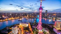 Night view of the Lujiazui financial district in downtown Shanghai.