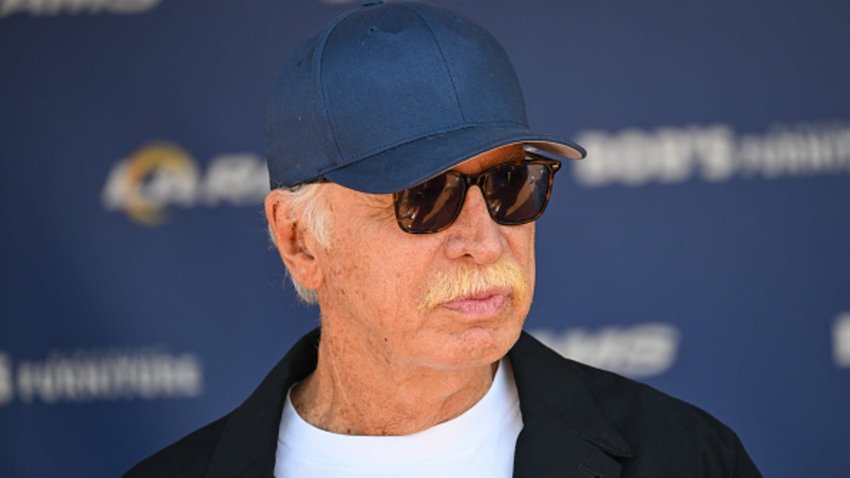 Los Angeles Rams owner Stanley Kroenke speaks during the “Football Meets Football” Youth Clinic at the Rams NFL training camp on the Loyola Marymount University campus in Los Angeles on July 26, 2024.