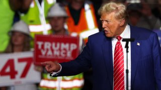 Republican presidential nominee and former U.S. President Donald Trump gestures as he holds a rally at the Cambria County War Memorial Arena in Johnstown, Pennsylvania, U.S. August 30, 2024. 