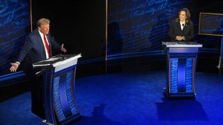 Former US President and Republican presidential candidate Donald Trump speaks during a presidential debate with US Vice President and Democratic presidential candidate Kamala Harris at the National Constitution Center in Philadelphia, Pennsylvania, on September 10, 2024. 