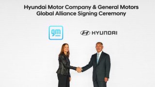 Mary Barra, chair and CEO of General Motors, and Euisun Chung, executive chair of Hyundai Motor Group, during the signing of an agreement between the two companies to explore future collaboration across key strategic areas.