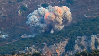 Smoke billows from the site of an Israeli airstrike in Marjayoun, near the Lebanon-Israel border, on September 23, 2024. 