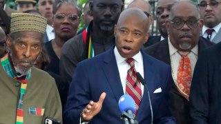 New York City Mayor Eric Adams talks to the press outside  Gracie Mansion, the official residence of the mayor of New York City, on September 26, 2024, after he was indicted on federal criminal charges. 