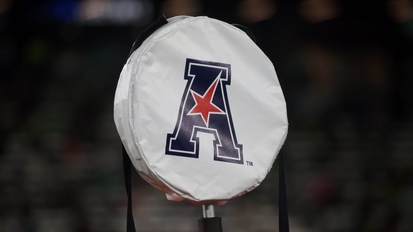 A general view of the American Athletic Conference logo on a down marker