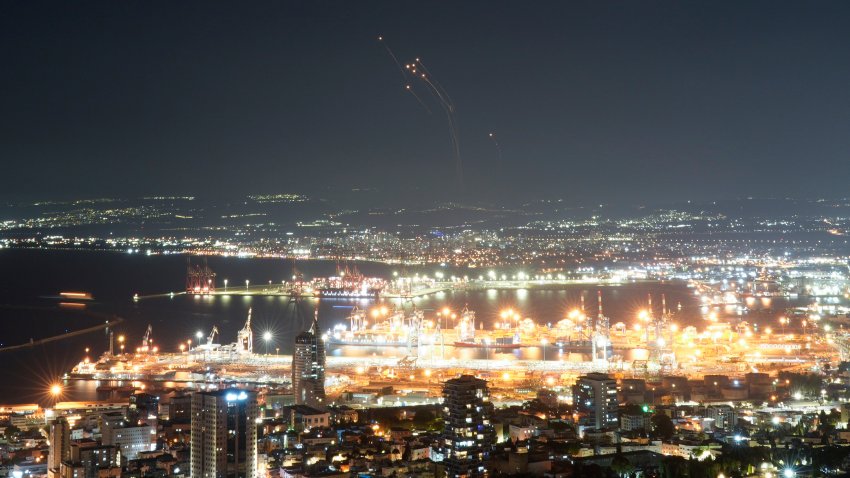 Israeli Iron Dome air defense system fires to intercept rockets that were launched from Lebanon, in northern Israel.