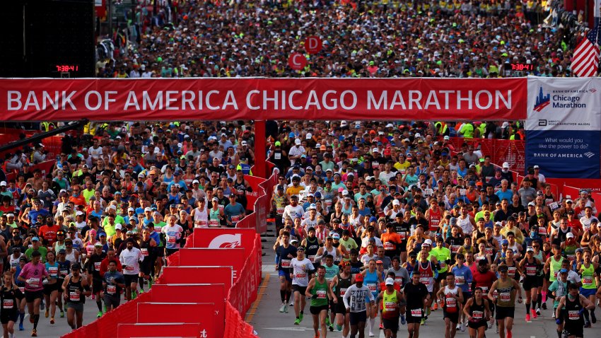 CHICAGO, ILLINOIS – OCTOBER 08: A general view of the start line as runners compete in the 2023 Chicago Marathon at Grant Park on October 08, 2023 in Chicago, Illinois. (Photo by Michael Reaves/Getty Images)