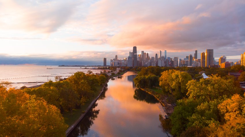 Chicago from Lincoln Park during the fall seasons with all the autumn colors.