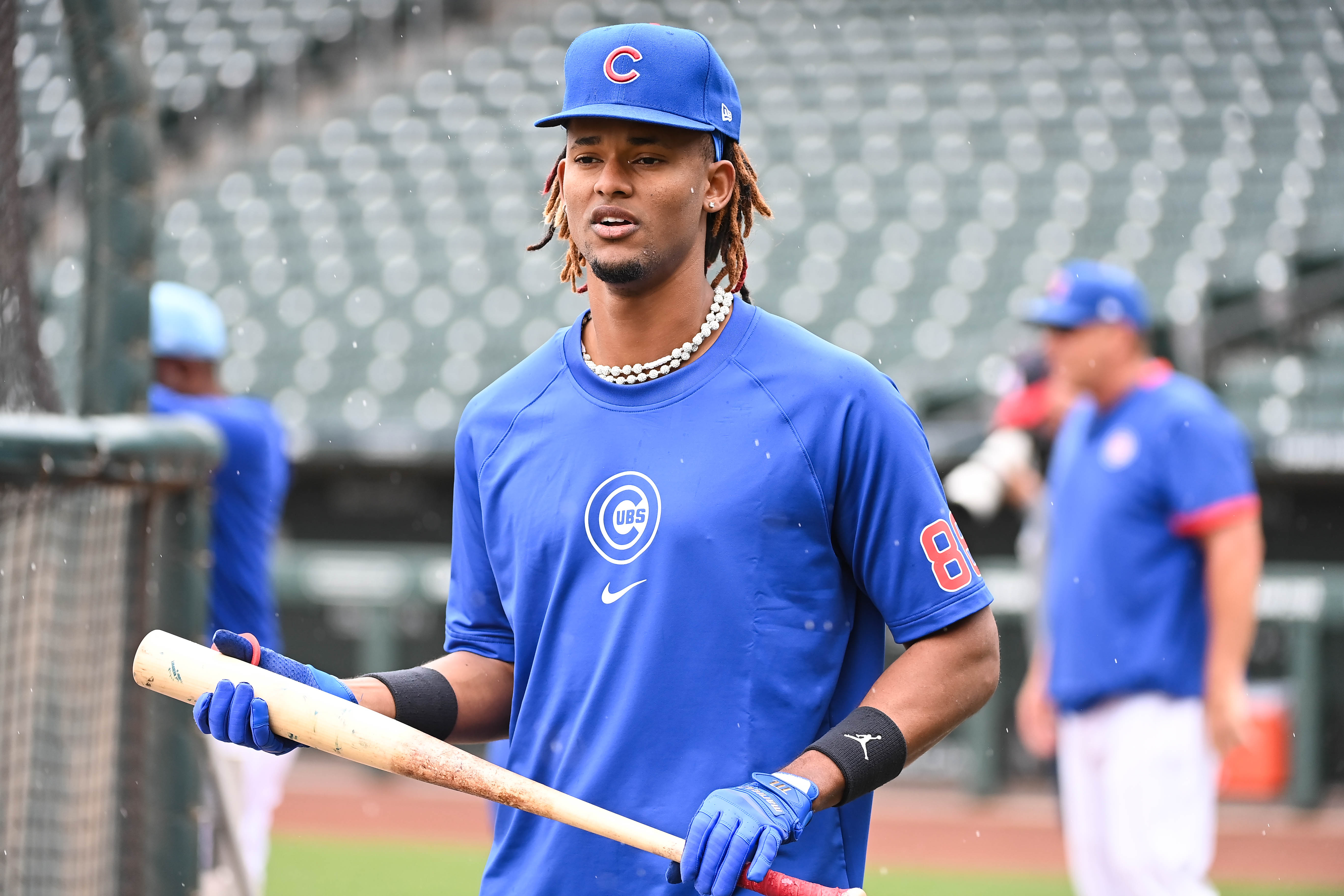 MESA, AZ – MARCH 15:   Kevin Alcántara #4 of the Chicago Cubs looks on during batting practice prior to the game between the Chicago White Sox and the Chicago Cubs at Sloan Park on Friday, March 15, 2024 in Mesa, Arizona. (Photo by Norm Hall/MLB Photos via Getty Images)