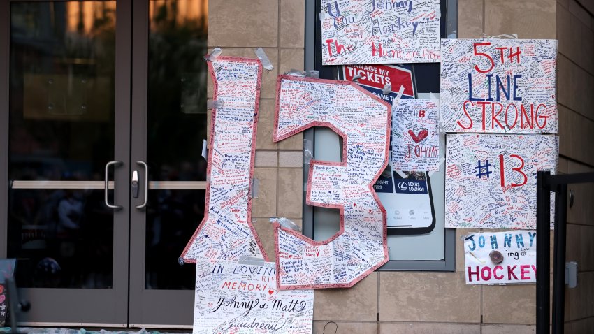 COLUMBUS, OHIO – SEPTEMBER 4:  Notes left by fans are taped up to the building during a candlelight vigil in remembrance of Johnny and Matthew Gaudreau at Nationwide Arena on September 4, 2024 in Columbus, Ohio. (Photo by Kirk Irwin/Getty Images)