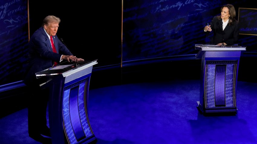 US Vice President Kamala Harris, right, and former US President Donald Trump during the second presidential debate at the Pennsylvania Convention Center in Philadelphia, Pennsylvania, US, on Tuesday, Sept. 10, 2024. Trump and Harris enter Tuesday’s debate in search of the same goal, a moment that will help them gain the edge in a race polls show is essentially tied. Photographer: Doug Mills/The New York Times/Bloomberg via Getty Images