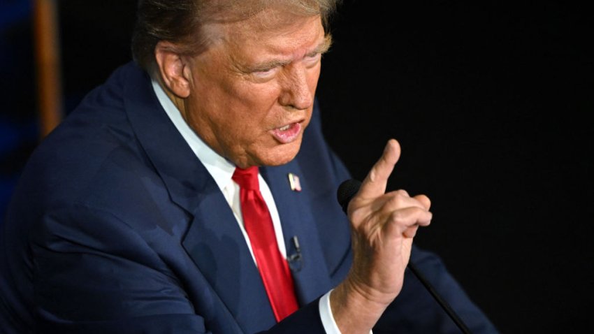 Former US President and Republican presidential candidate Donald Trump speaks during a presidential debate with US Vice President and Democratic presidential candidate Kamala Harris at the National Constitution Center in Philadelphia, Pennsylvania, on September 10, 2024. (Photo by SAUL LOEB / AFP) (Photo by SAUL LOEB/AFP via Getty Images)