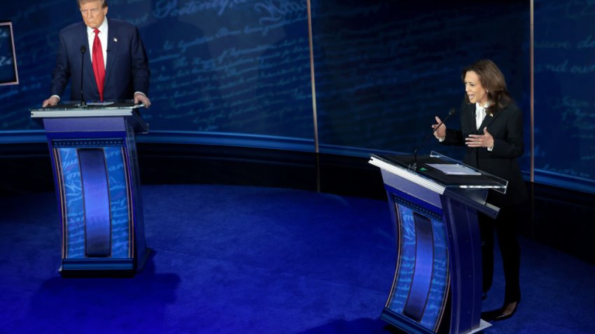 PHILADELPHIA, PENNSYLVANIA – SEPTEMBER 10: Republican presidential nominee, former U.S. President Donald Trump and Democratic presidential nominee, U.S. Vice President Kamala Harris debate for the first time during the presidential election campaign at The National Constitution Center on September 10, 2024 in Philadelphia, Pennsylvania. After earning the Democratic Party nomination following President Joe Biden’s decision to leave the race, Harris faced off with Trump in what may be the only debate of the 2024 race for the White House. (Photo by Win McNamee/Getty Images)