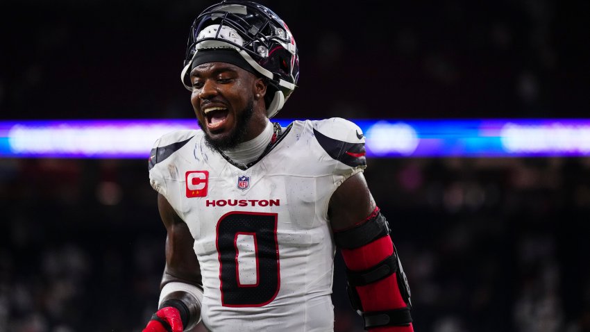 HOUSTON, TX – SEPTEMBER 15: Azeez Al-Shaair #0 of the Houston Texans celebrates after an NFL football game against the Chicago Bears during a football game at NRG Stadium on September 15, 2024 in Houston, Texas. (Photo by Cooper Neill/Getty Images)