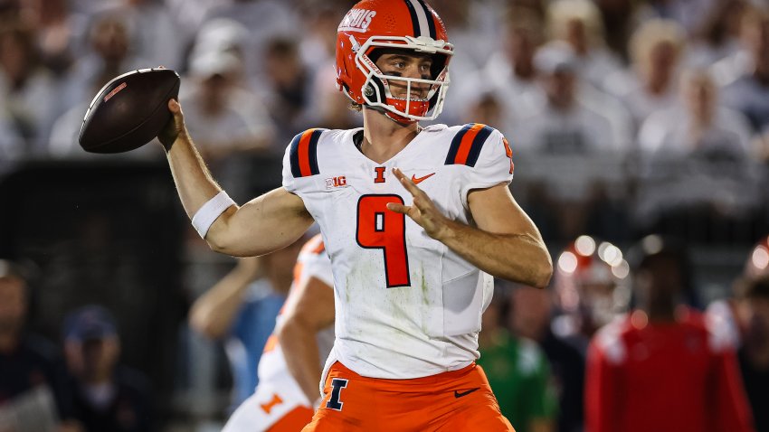 STATE COLLEGE, PA – SEPTEMBER 28: Luke Altmyer #9 of the Illinois Fighting Illini attempts a pass against the Penn State Nittany Lions during the first half at Beaver Stadium on September 28, 2024 in State College, Pennsylvania. (Photo by Scott Taetsch/Getty Images)