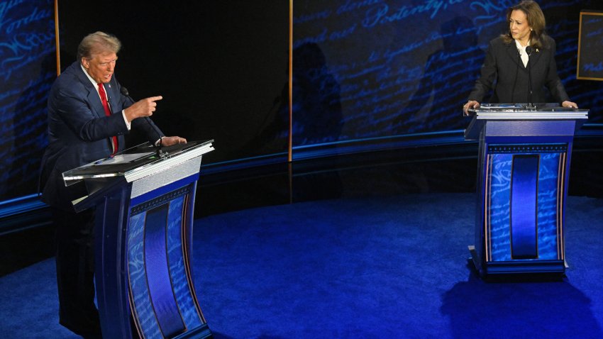 US Vice President and Democratic presidential candidate Kamala Harris and former US President and Republican presidential candidate Donald Trump speak during a presidential debate at the National Constitution Center in Philadelphia, Pennsylvania, on September 10, 2024. (Photo by SAUL LOEB / AFP) (Photo by SAUL LOEB/AFP via Getty Images)