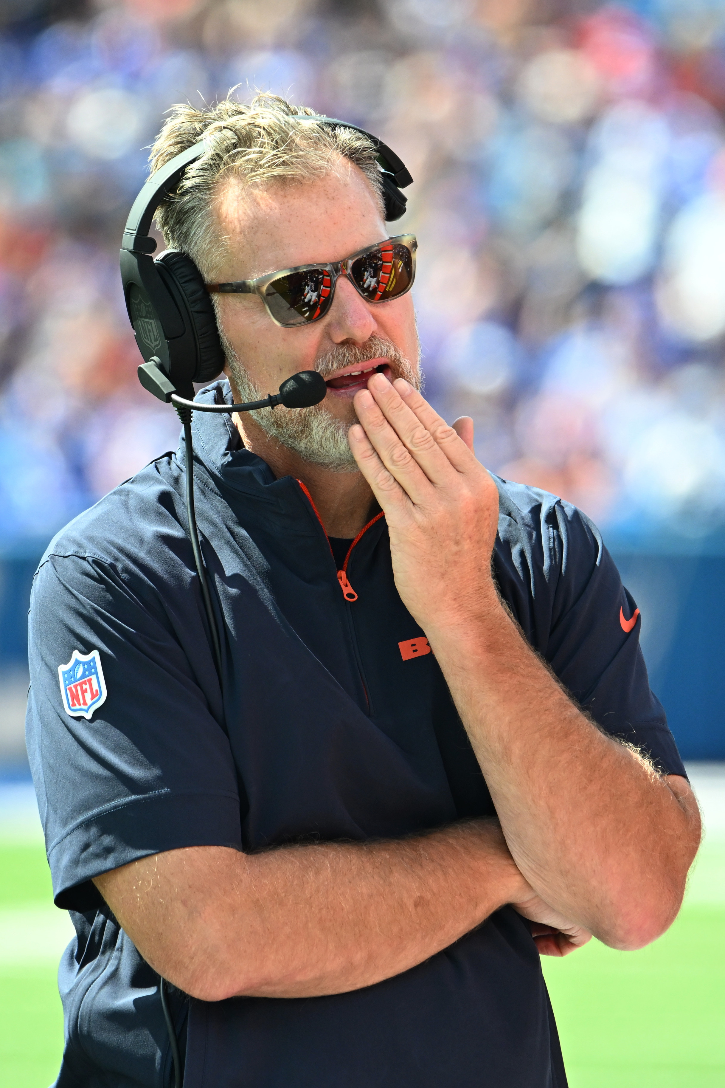 Aug 10, 2024; Orchard Park, New York, USA; Chicago Bears head coach Matt Eberflus on the sidelines in the third quarter of a pre-season game against the Buffalo Bills at Highmark Stadium. Mandatory Credit: Mark Konezny-USA TODAY Sports