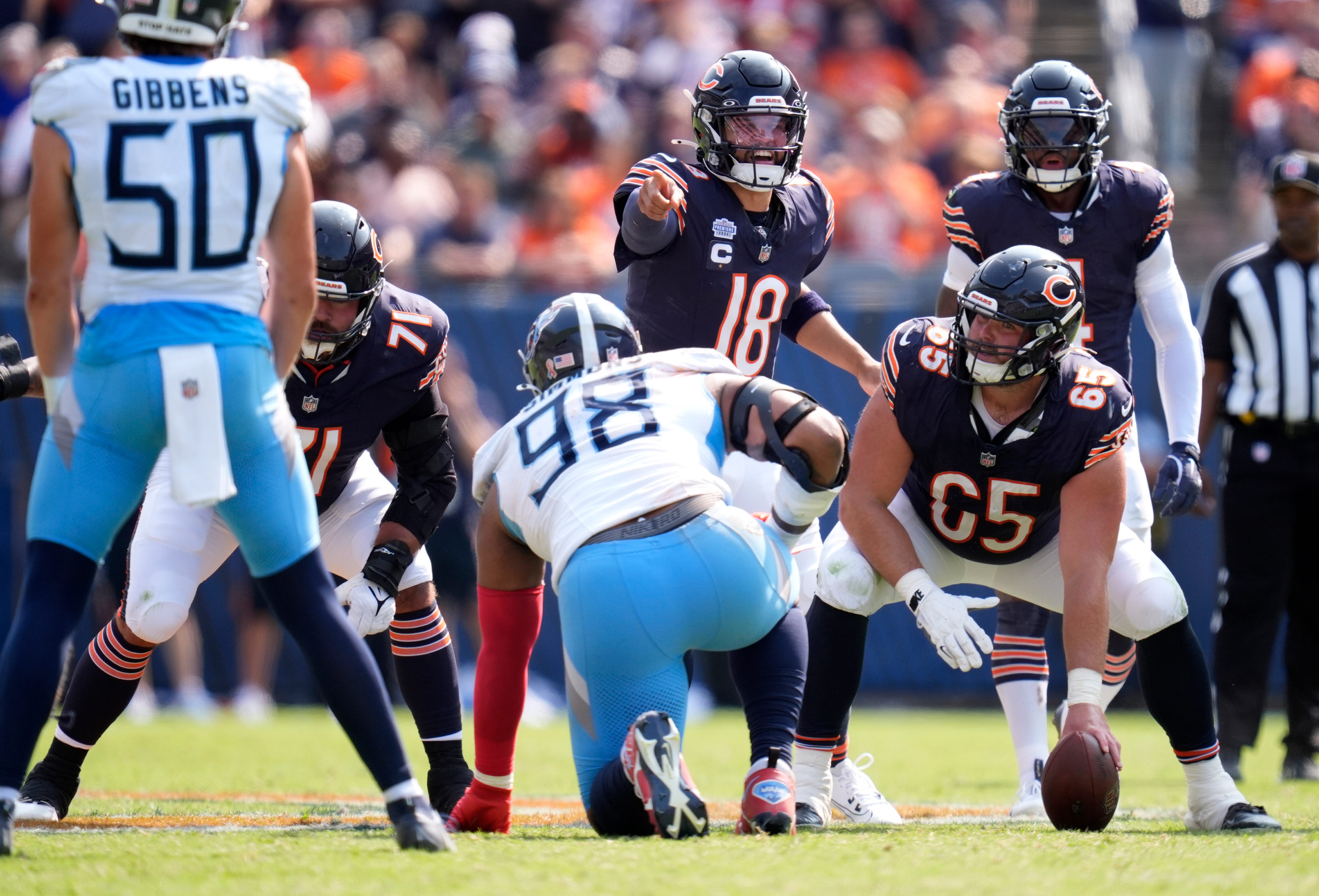 Chicago Bears quarterback Caleb Williams (18) comes to the line against the Tennessee Titans during the fourth quarter at Soldier Field in Chicago, Ill., Sunday, Sept. 8, 2024.