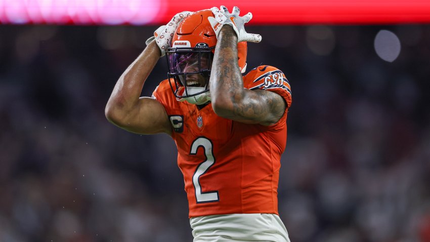 Sep 15, 2024; Houston, Texas, USA; Chicago Bears wide receiver DJ Moore (2) reacts after a play during the fourth quarter against the Houston Texans at NRG Stadium. Mandatory Credit: Troy Taormina-Imagn Images