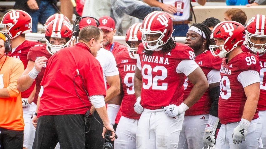 Indiana Head Coach Curt Cignetti talks to the defense during the Indiana versus Maryland football game at Memorial Stadium on Saturday, Sept. 28, 2024.