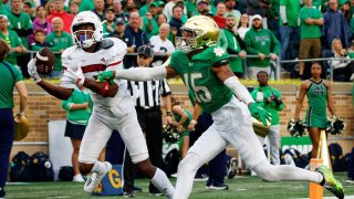 Louisville wide receiver Ja’Corey Brooks (1) catches a pass in the end zone for a touchdown with Notre Dame cornerback Leonard Moore (15) defending during a NCAA college football game between Notre Dame and Louisville at Notre Dame Stadium on Saturday, Sept. 28, 2024, in South Bend.