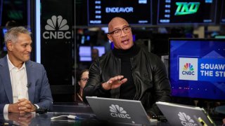 TKO CEO Ari Emanuel and Dwayne “The Rock” Johnson speak to CNBC at the New York Stock Exchange (NYSE) in New York City, U.S., January 23, 2024. 