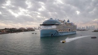 Royal Caribbean’s “Icon of the Seas,” billed as the world’s largest cruise ship, sails from the Port of Miami in Miami, Florida, on its maiden cruise, on Jan. 27, 2024.