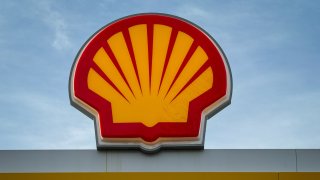 The Shell logo is displayed outside a petrol station in Radstock in Somerset, England, on Feb. 17, 2024.