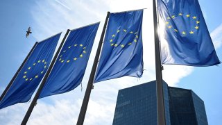 EU flags flutter in front of European Central Bank (ECB) headquarters in Frankfurt, Germany July 18, 2024. 