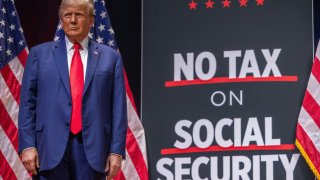 Republican presidential nominee former President Donald Trump arrives to speak at a campaign event at Harrah’s Cherokee Center on August 14, 2024 in Asheville, North Carolina. 