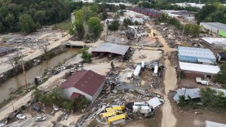 An aerial view of flood damage wrought by Hurricane Helene along the Swannanoa River on October 3, 2024 in Asheville, North Carolina.