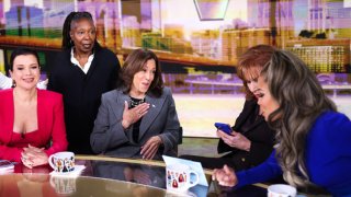 US Vice President and Democratic presidential nominee Kamala Harris is pictured in studio at ABC during a break during the recording of the show “The View” in New York on October 8, 2024. 