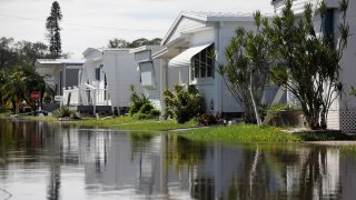 Mobile homes surrounded by flood water after Hurricane Milton made landfall, in St. Petersburg, Florida, U.S. October 10, 2024.