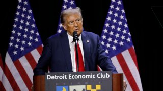 Republican presidential nominee, former U.S. President Donald Trump, speaks at the Detroit Economic Club on October 10, 2024 in Detroit, Michigan. 