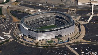 MetLife Stadium stands next to the American Dream Mall on July 2, 2024, as seen from above East Rutherford, New Jersey. 