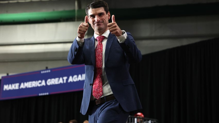 SCRANTON, PENNSYLVANIA – OCTOBER 09: Rob Bresnahan, Republican nominee for Pennsylvania’s 8th Congressional District, takes the stage during a Republican presidential nominee, former U.S. President Donald Trump campaign rally at Riverfront Sports on October 09, 2024 in Scranton, Pennsylvania.